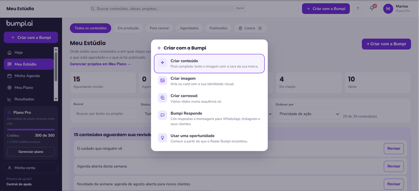Fluxo Criar com a Bumpi: opções para criar conteúdo completo, imagem, carrossel ou respostas para clientes