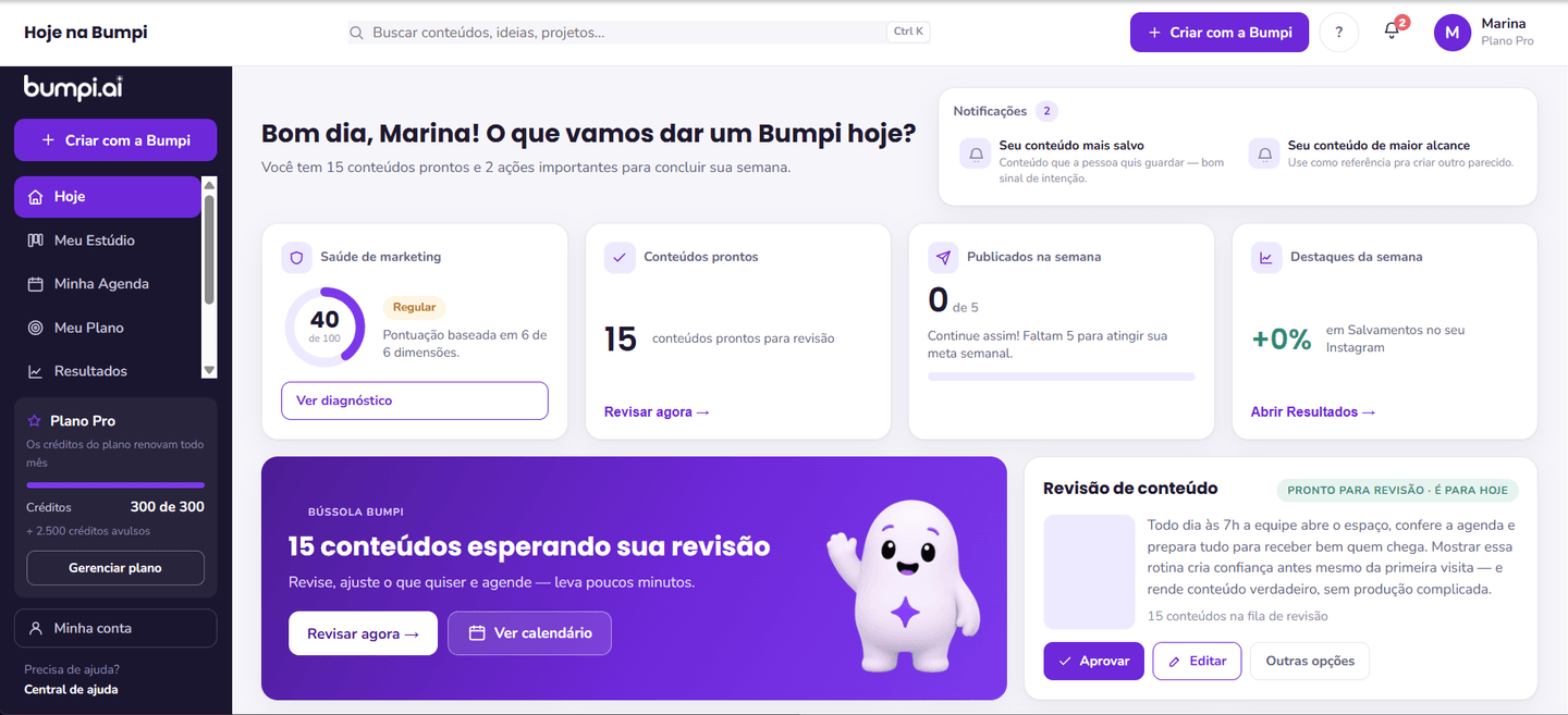 Painel Hoje da Bumpi com a saúde de marketing, os conteúdos prontos para revisão e as ações da semana